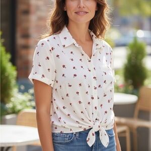 No Boundaries Mushroom Print Tie Front Blouse XS White Cottagecore Button Shirt